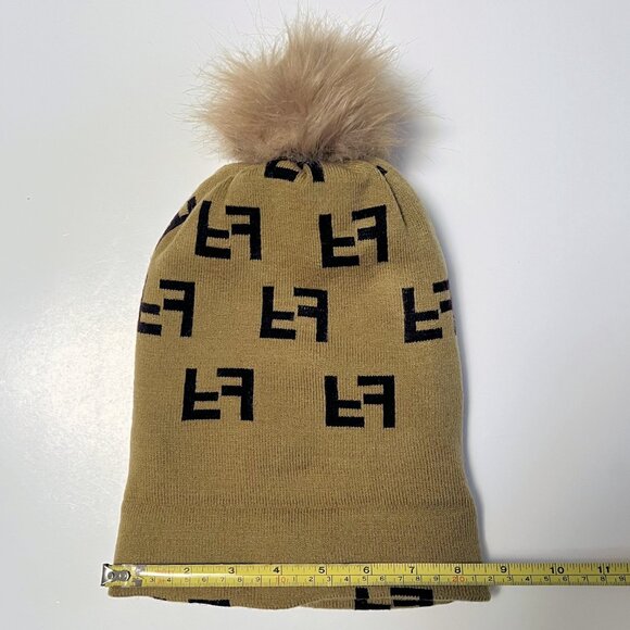 Knit Beanie Tuque with Faux Fur Pom – Brown & Tan Double F Pattern Hat - Picture 15 of 16